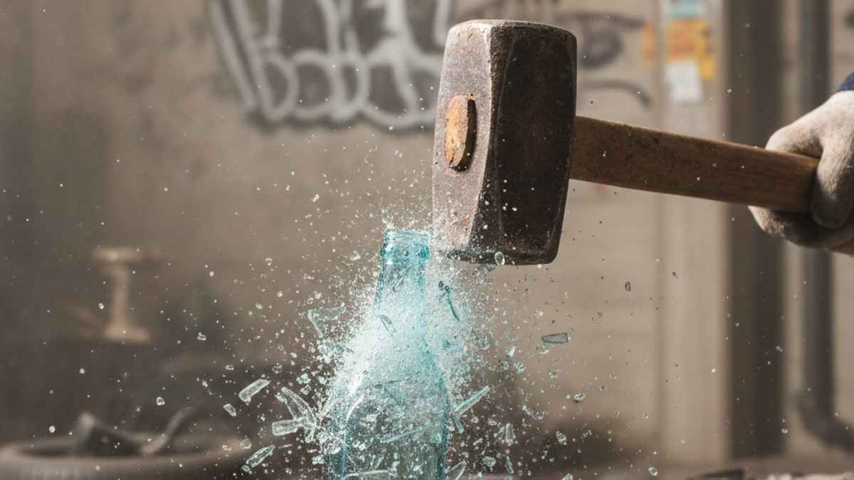 A glass bottle being shattered by a hammer in a high-energy rage room session