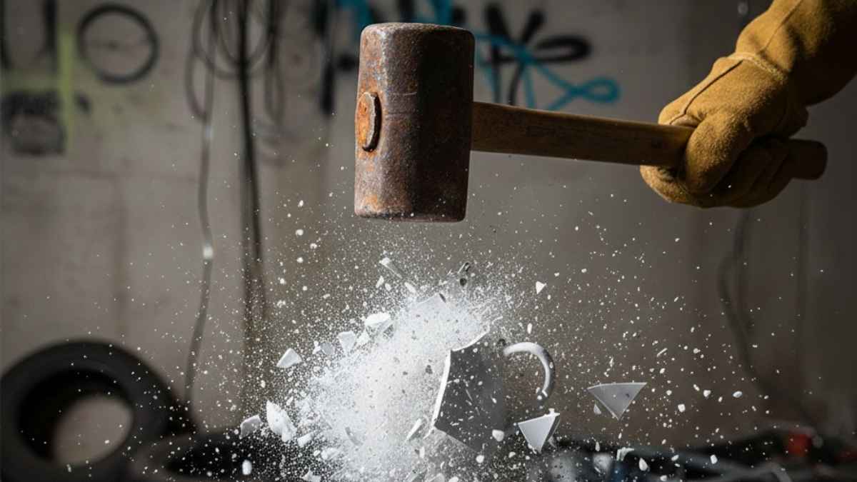Close-up of a ceramic mug being destroyed by a hammer for stress relief