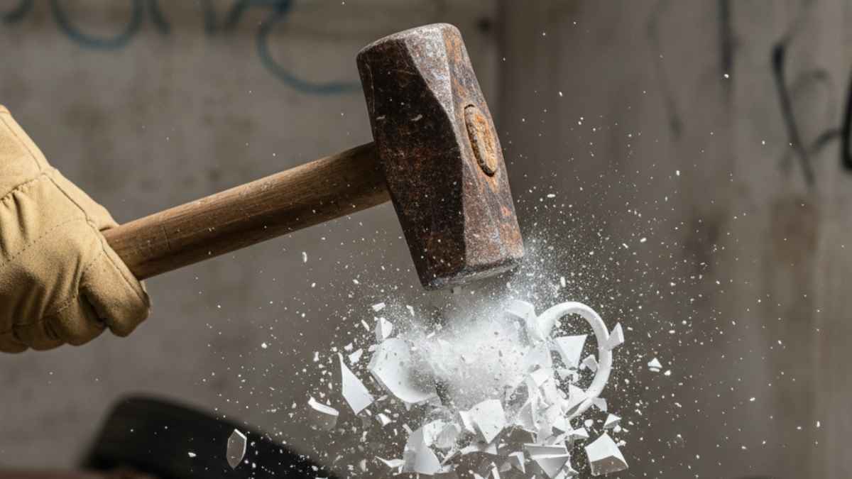 Detailed shot of glassware being smashed with a hammer in a dedicated smash room