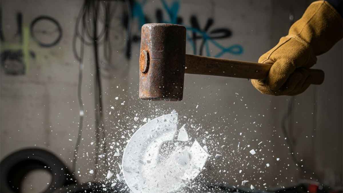 A ceramic plate being reduced to pieces by a hammer in a destruction venue