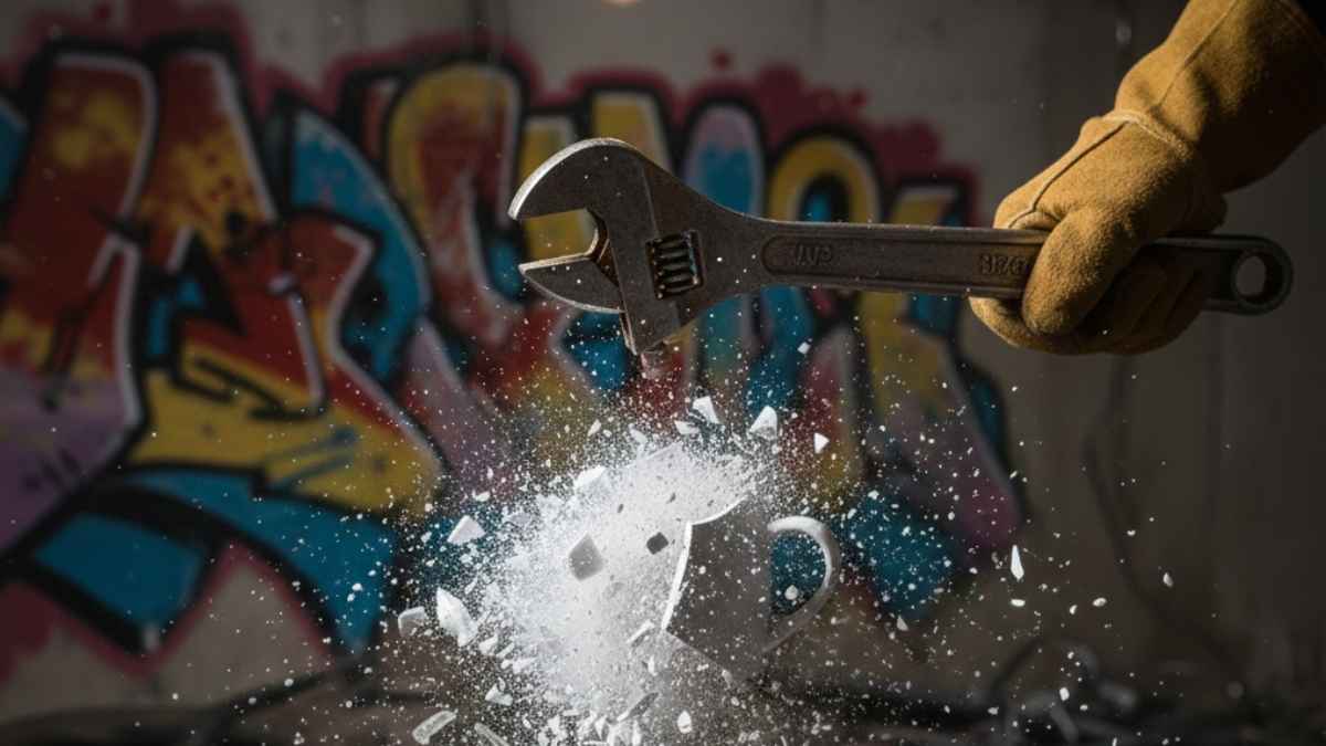 Processing stress by smashing household mugs with a heavy-duty wrench in a rage room